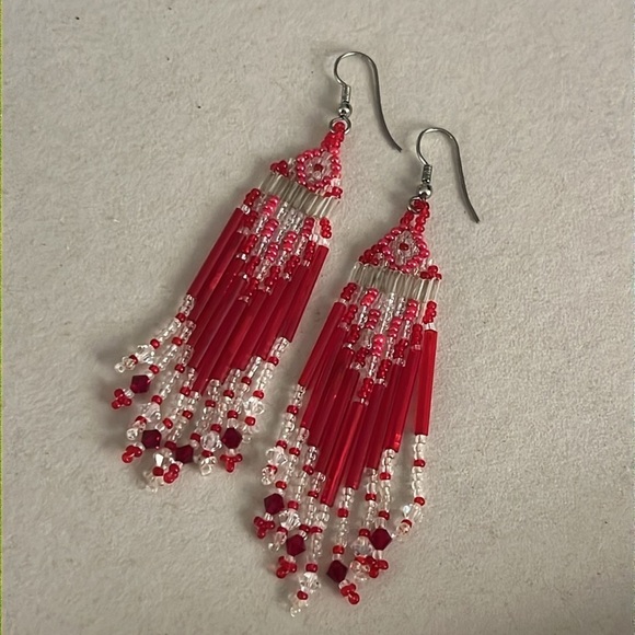 Aztec Style Artisan Beaded Earrings Southwest Long Fringe Tassel Dangle Drops - Picture 4 of 4